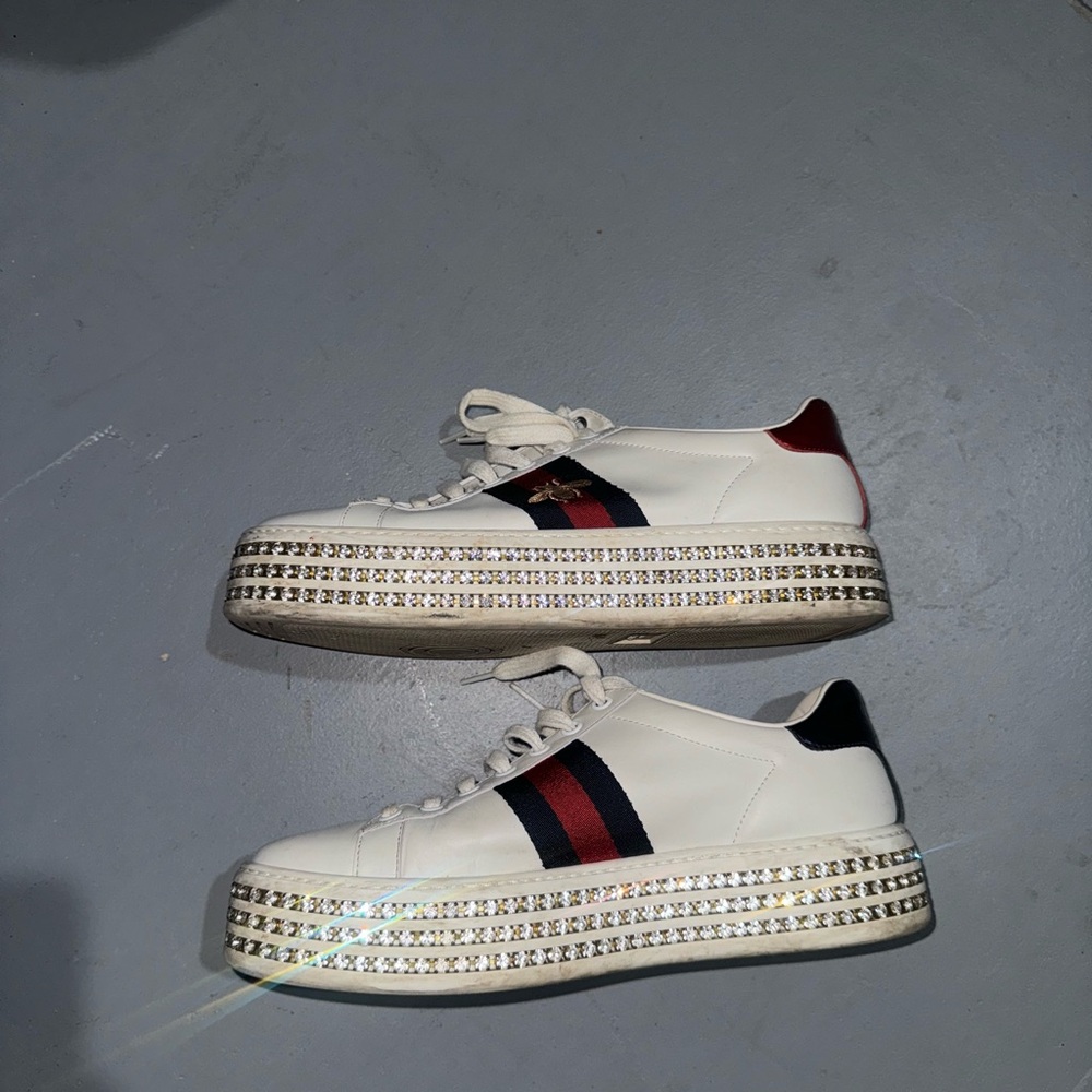 GUCCI Calfskin Crystal Web Bee Embroidered Womens Ace Platform Sneakers - White